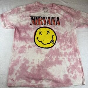 Nirvana Shirt Mens Large Pink White Tie Dye Smiley Face Kurt Cobain Grunge